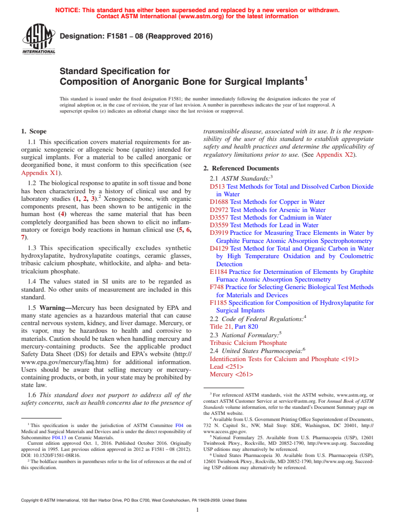 ASTM F1581-08(2016) - Standard Specification for Composition of Anorganic Bone for Surgical Implants