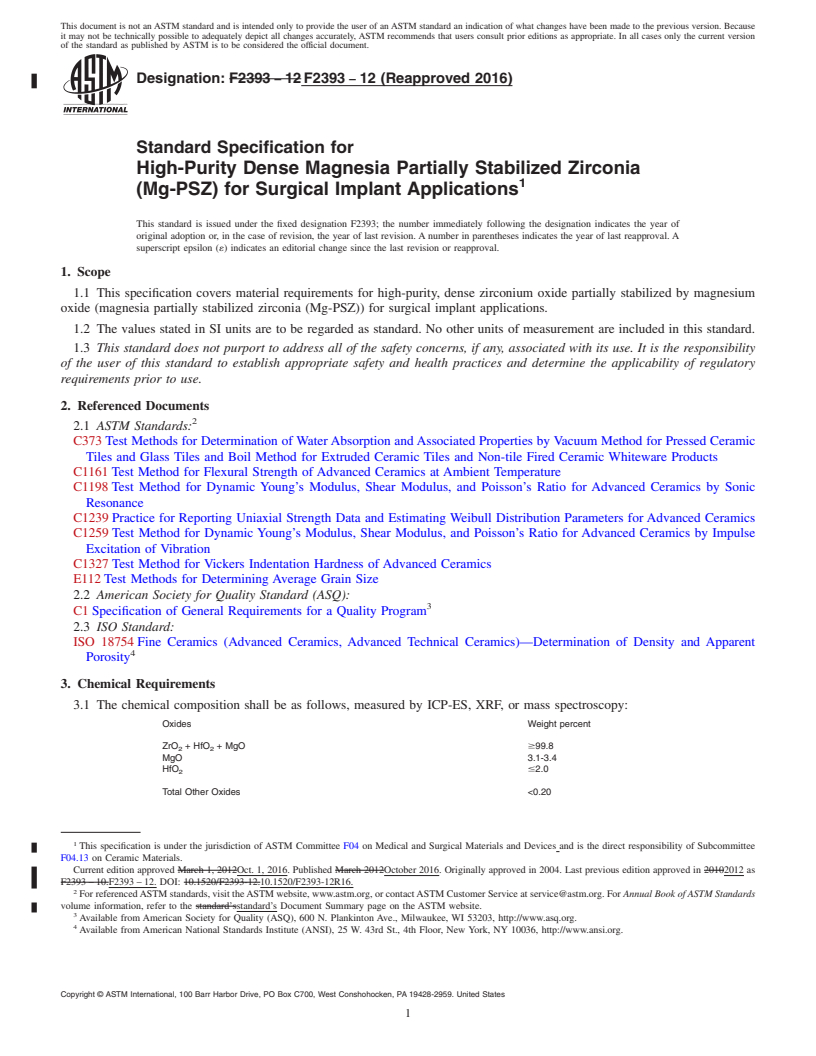 REDLINE ASTM F2393-12(2016) - Standard Specification for High-Purity Dense Magnesia Partially Stabilized Zirconia (Mg-PSZ)  for Surgical Implant Applications