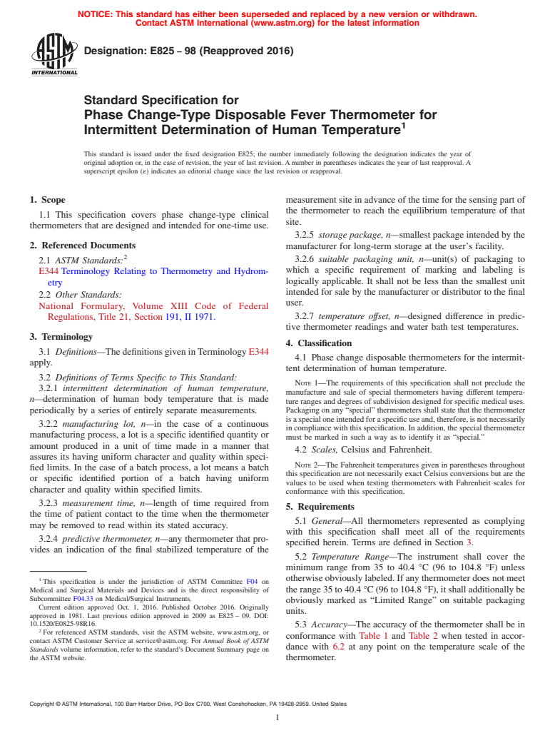 ASTM E825-98(2016) - Standard Specification for Phase Change-Type Disposable Fever Thermometer for Intermittent  Determination of Human Temperature