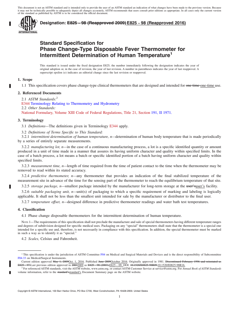 REDLINE ASTM E825-98(2016) - Standard Specification for Phase Change-Type Disposable Fever Thermometer for Intermittent  Determination of Human Temperature