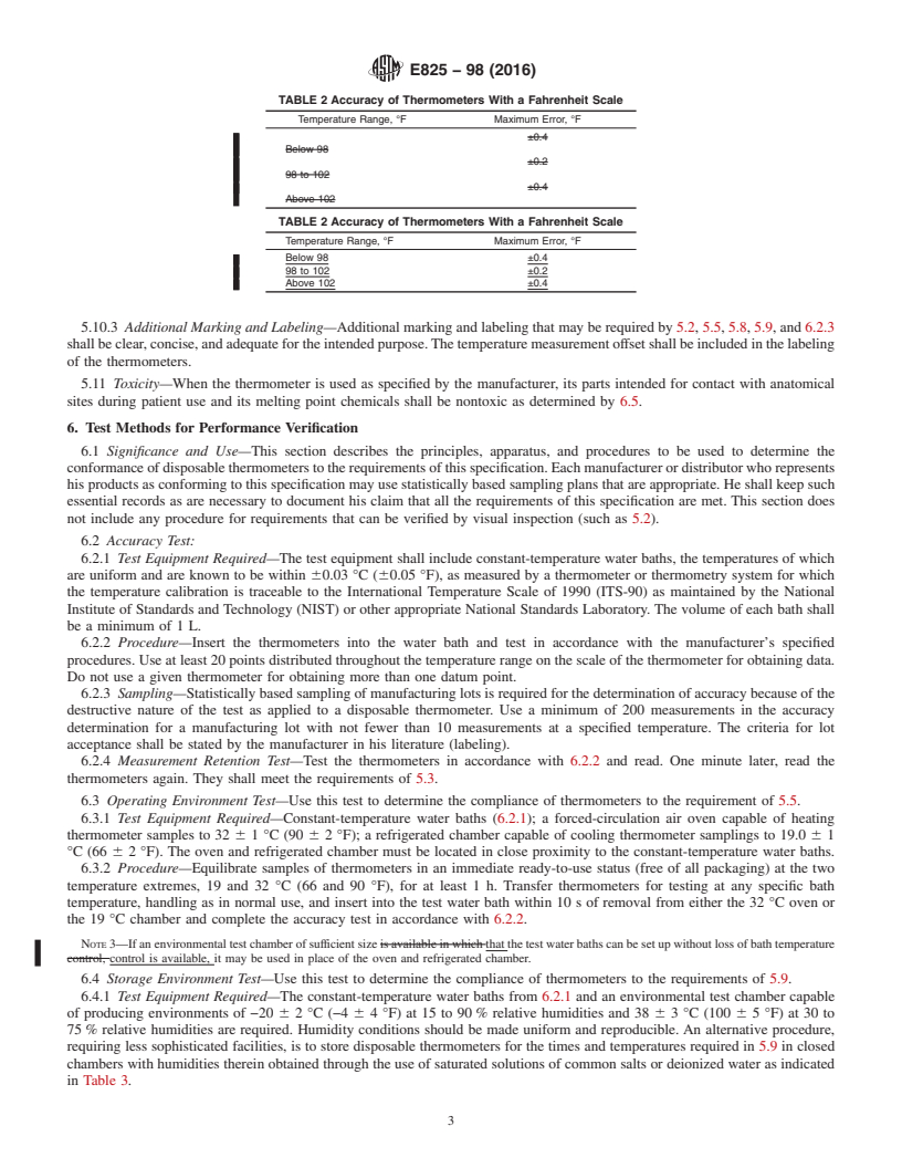 REDLINE ASTM E825-98(2016) - Standard Specification for Phase Change-Type Disposable Fever Thermometer for Intermittent  Determination of Human Temperature