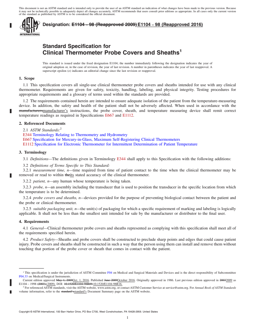 REDLINE ASTM E1104-98(2016) - Standard Specification for Clinical Thermometer Probe Covers and Sheaths