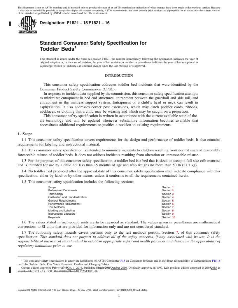 REDLINE ASTM F1821-16 - Standard Consumer Safety Specification for  Toddler Beds