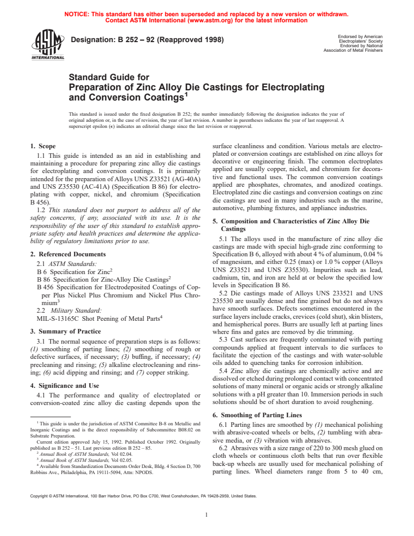 ASTM B252-92(1998) - Standard Guide for Preparation of Zinc Alloy Die Castings for Electroplating and Conversion Coatings