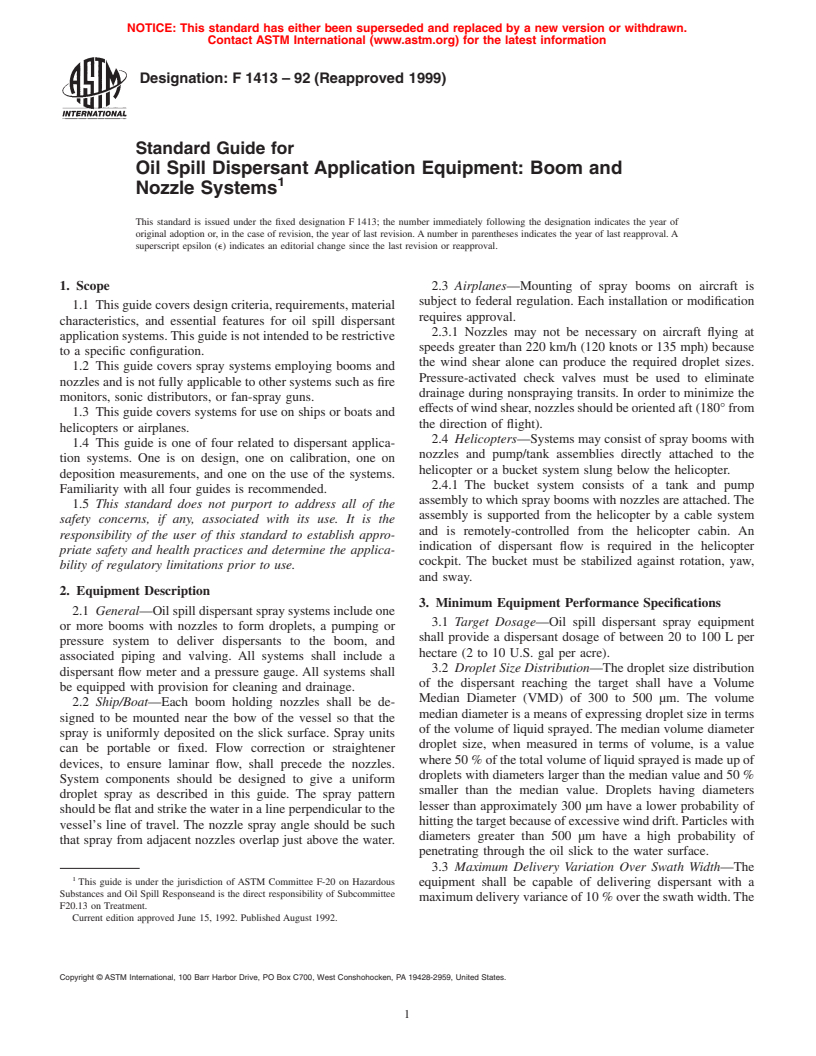 ASTM F1413-92(1999) - Standard Guide for Oil Spill Dispersant Application Equipment:  Boom and Nozzle Systems