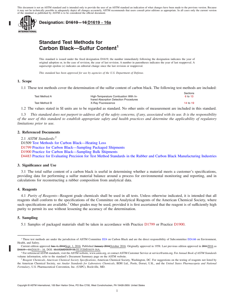 REDLINE ASTM D1619-16a - Standard Test Methods for  Carbon Black&#x2014;Sulfur Content