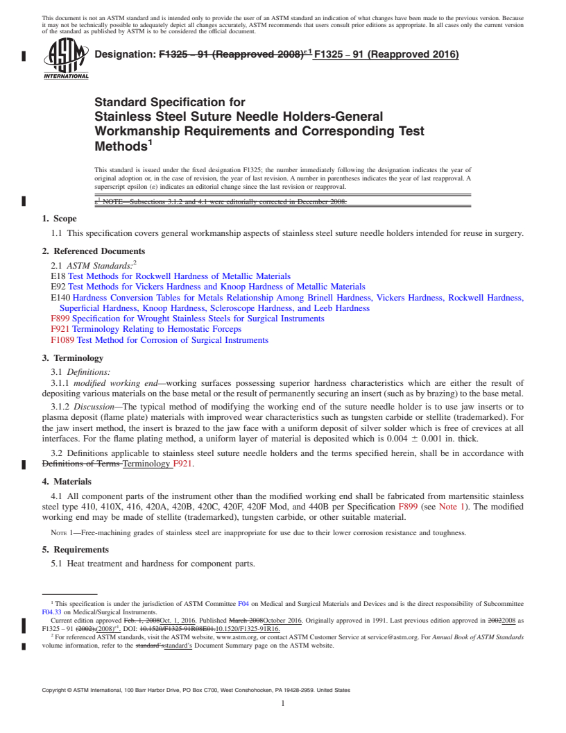 REDLINE ASTM F1325-91(2016) - Standard Specification for Stainless Steel Suture Needle Holders-General Workmanship Requirements  and Corresponding Test Methods