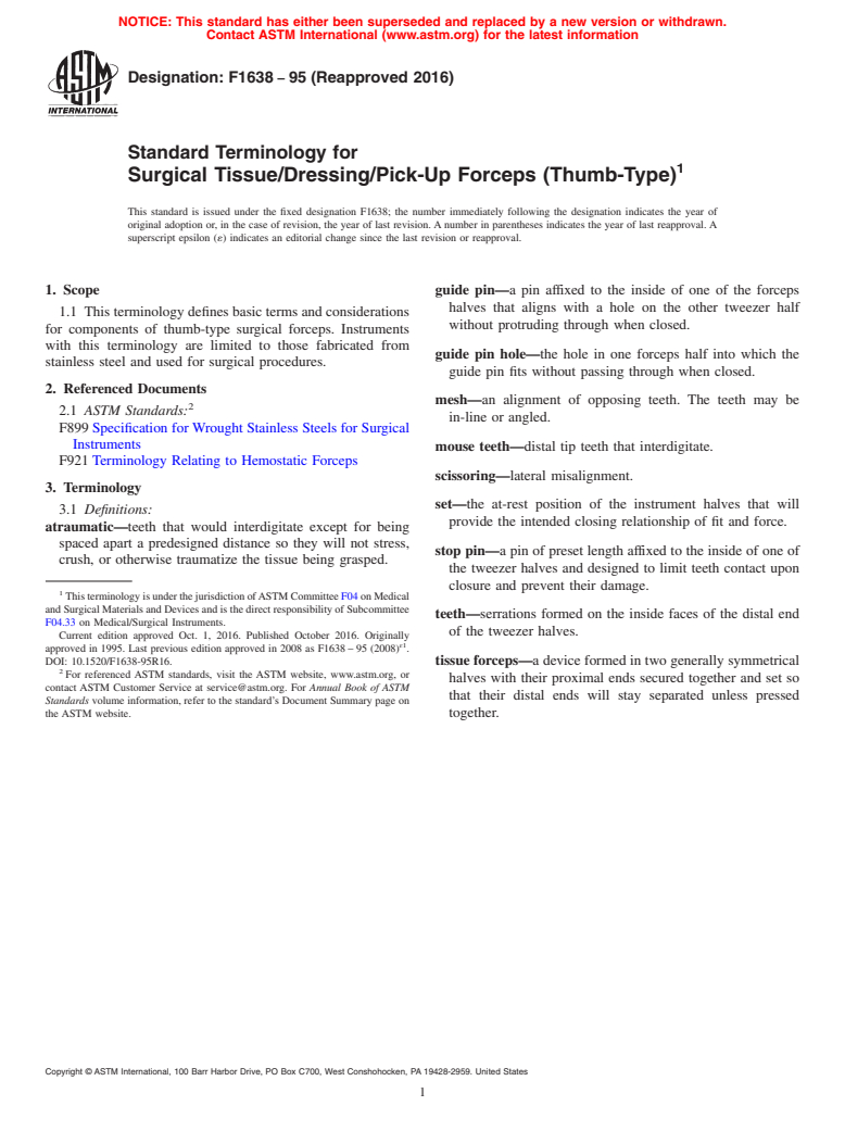 ASTM F1638-95(2016) - Standard Terminology for Surgical Tissue/Dressing/Pick-Up Forceps (Thumb-Type)