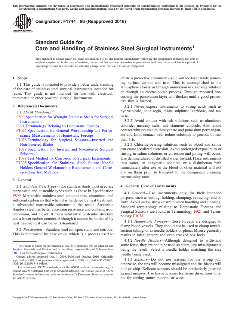 ASTM F1744-96(2016) - Standard Guide for Care and Handling of Stainless Steel Surgical Instruments