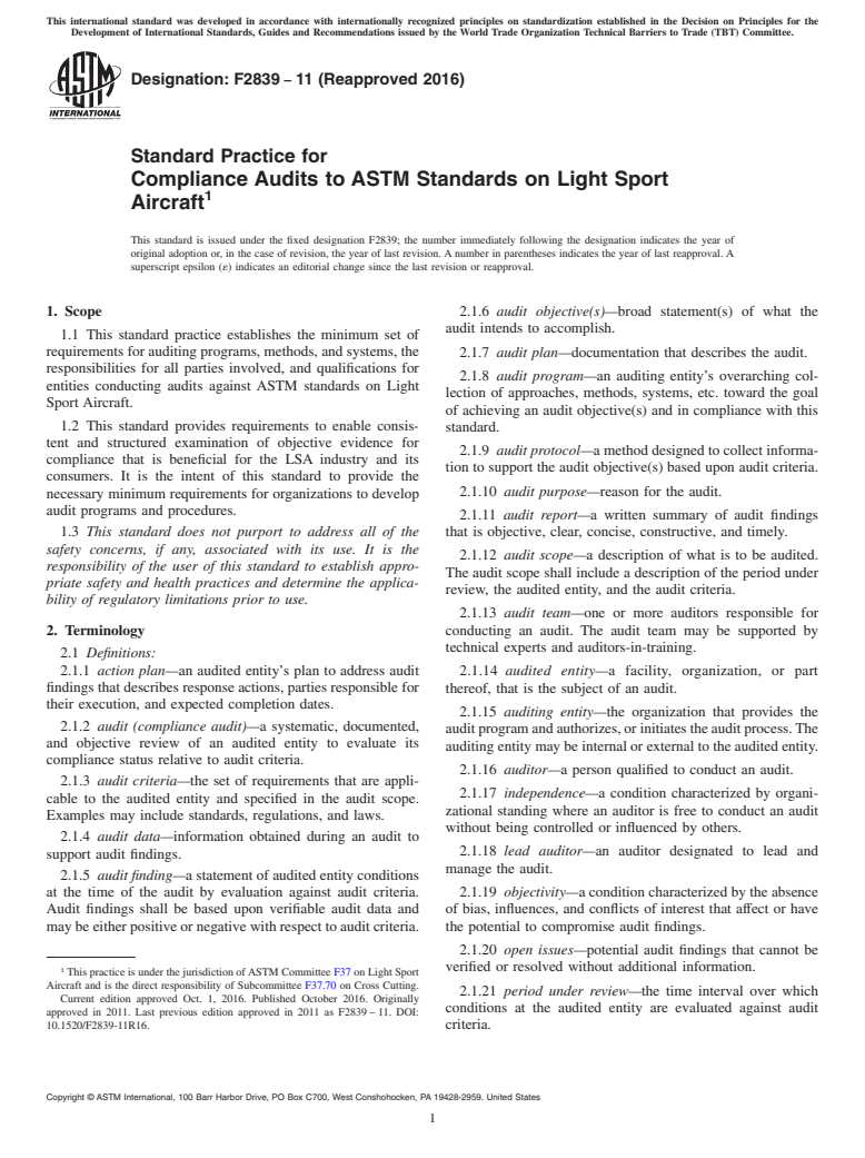 ASTM F2839-11(2016) - Standard Practice for  Compliance Audits to ASTM Standards on Light Sport Aircraft