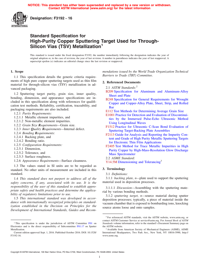 ASTM F3192-16 - Standard Specification for High-Purity Copper Sputtering Target Used for Through-Silicon  Vias (TSV) Mettalization (Withdrawn 2023)