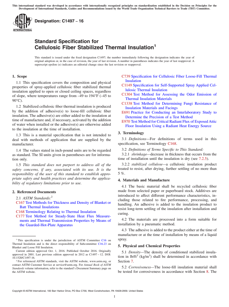 ASTM C1497-16 - Standard Specification for  Cellulosic Fiber Stabilized Thermal Insulation