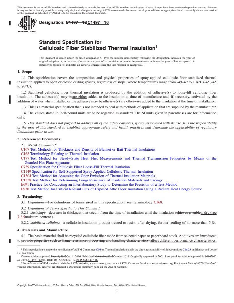 REDLINE ASTM C1497-16 - Standard Specification for  Cellulosic Fiber Stabilized Thermal Insulation