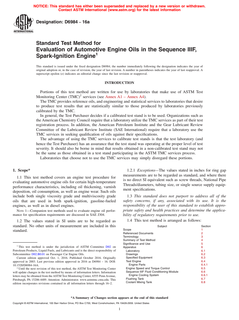 ASTM D6984-16a - Standard Test Method for Evaluation of Automotive Engine Oils in the Sequence IIIF,  Spark-Ignition Engine