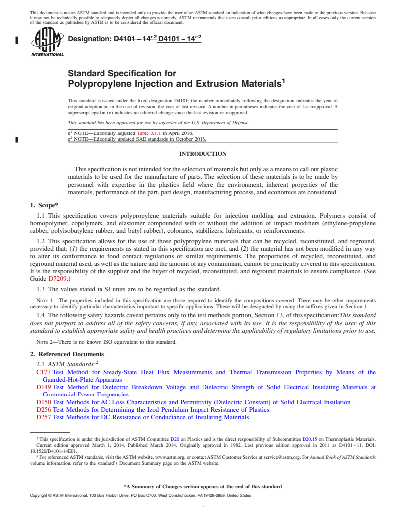 REDLINE ASTM D4101-14e2 - Standard Specification for Polypropylene Injection and Extrusion Materials