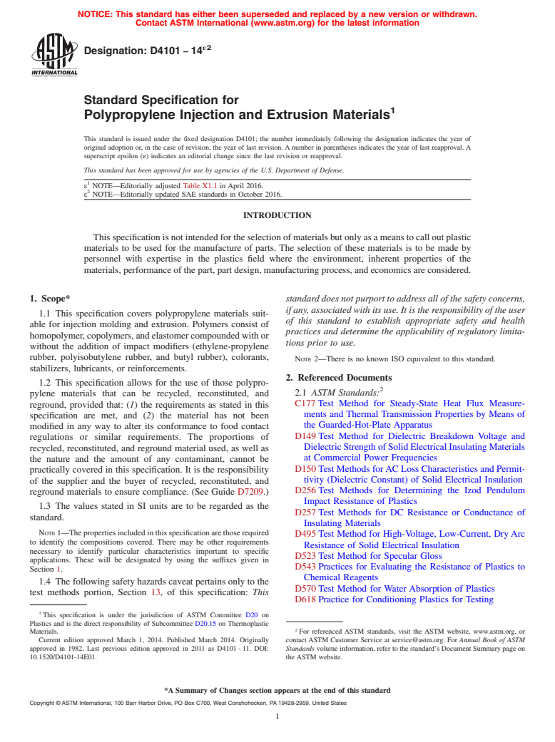 ASTM D4101-14e2 - Standard Specification for Polypropylene Injection and Extrusion Materials