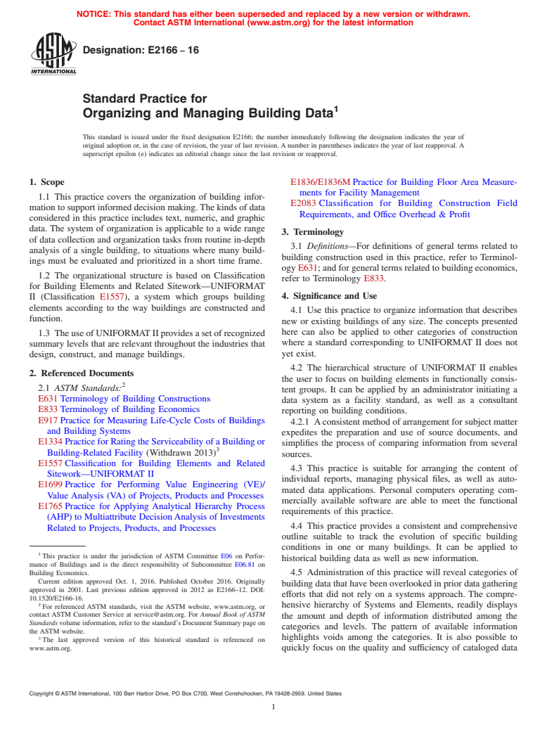 ASTM E2166-16 - Standard Practice for Organizing and Managing Building Data