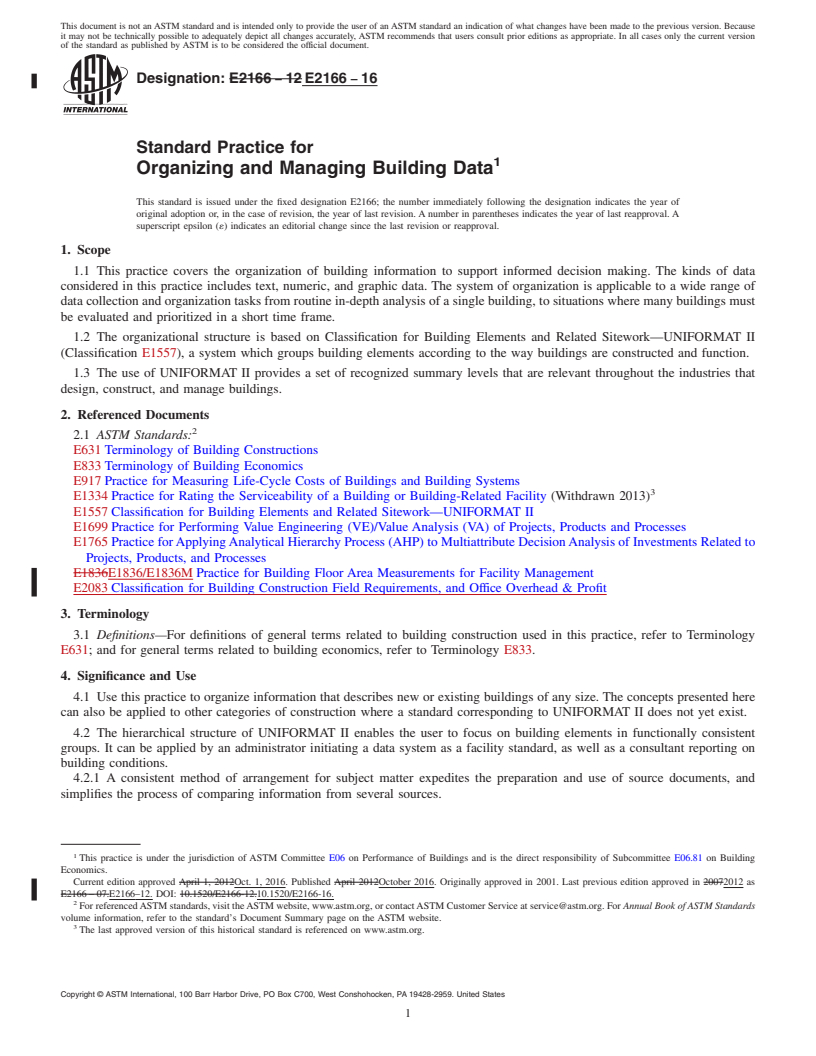 REDLINE ASTM E2166-16 - Standard Practice for Organizing and Managing Building Data