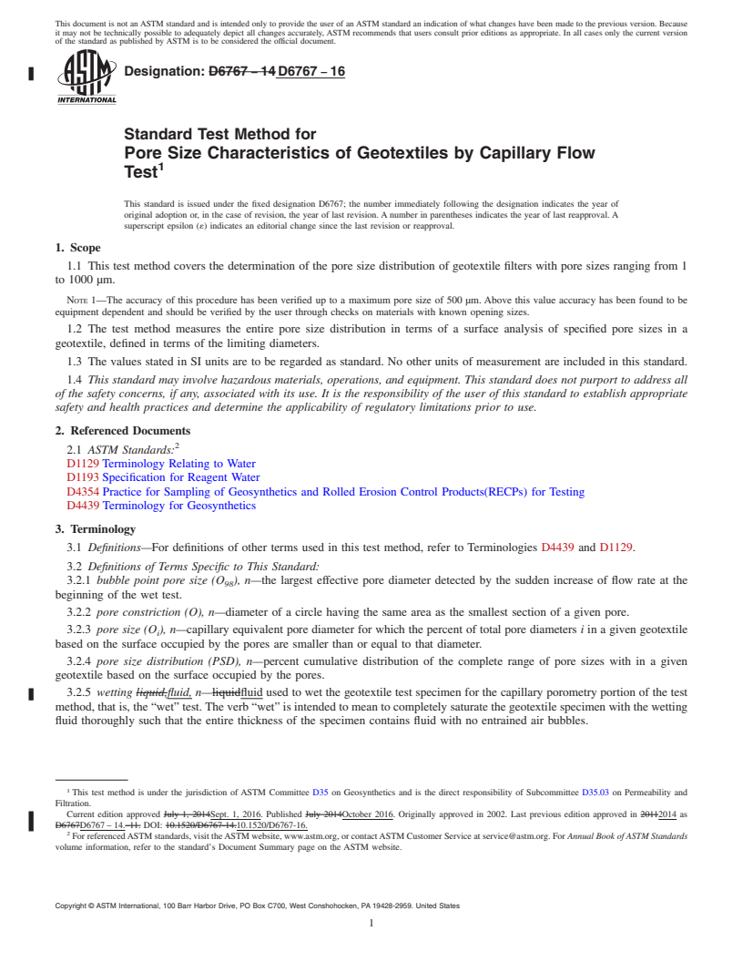 REDLINE ASTM D6767-16 - Standard Test Method for Pore Size Characteristics of Geotextiles by Capillary Flow  Test