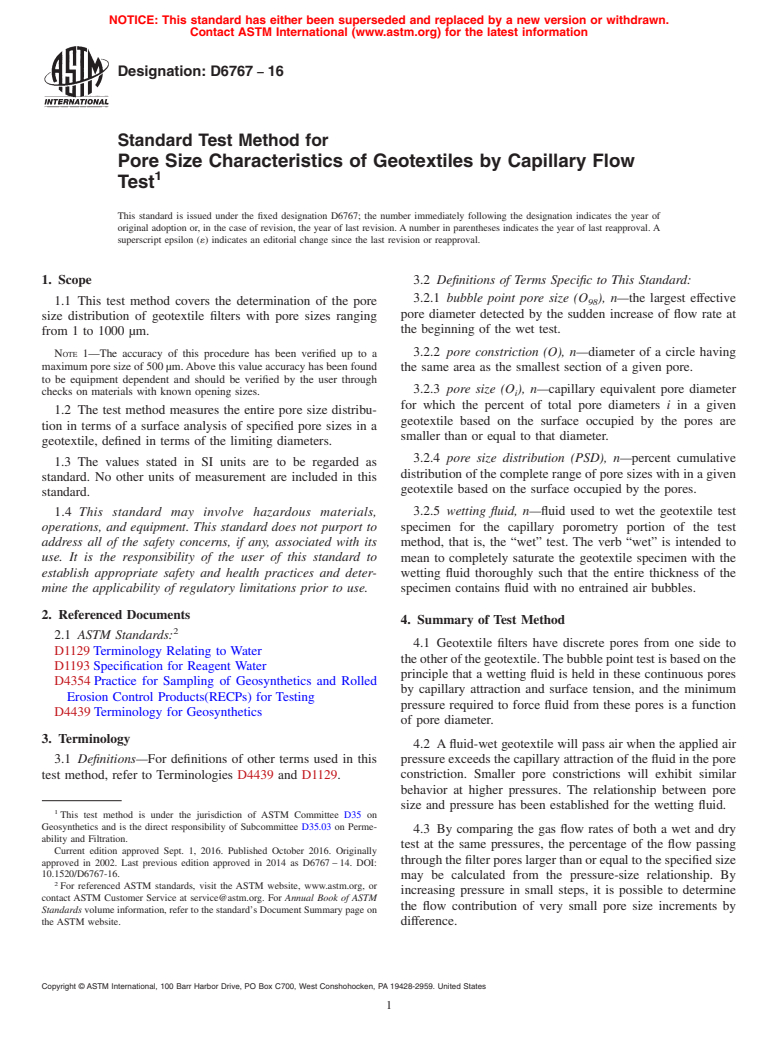 ASTM D6767-16 - Standard Test Method for Pore Size Characteristics of Geotextiles by Capillary Flow  Test