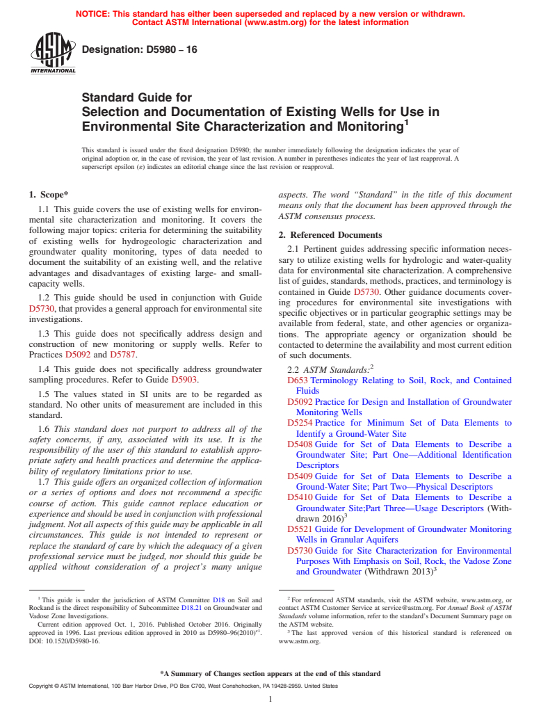 ASTM D5980-16 - Standard Guide for  Selection and Documentation of Existing Wells for Use in Environmental   Site Characterization and Monitoring