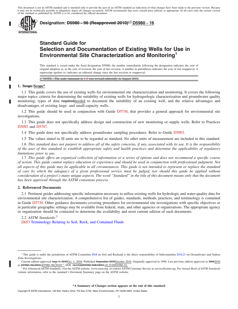 REDLINE ASTM D5980-16 - Standard Guide for  Selection and Documentation of Existing Wells for Use in Environmental   Site Characterization and Monitoring