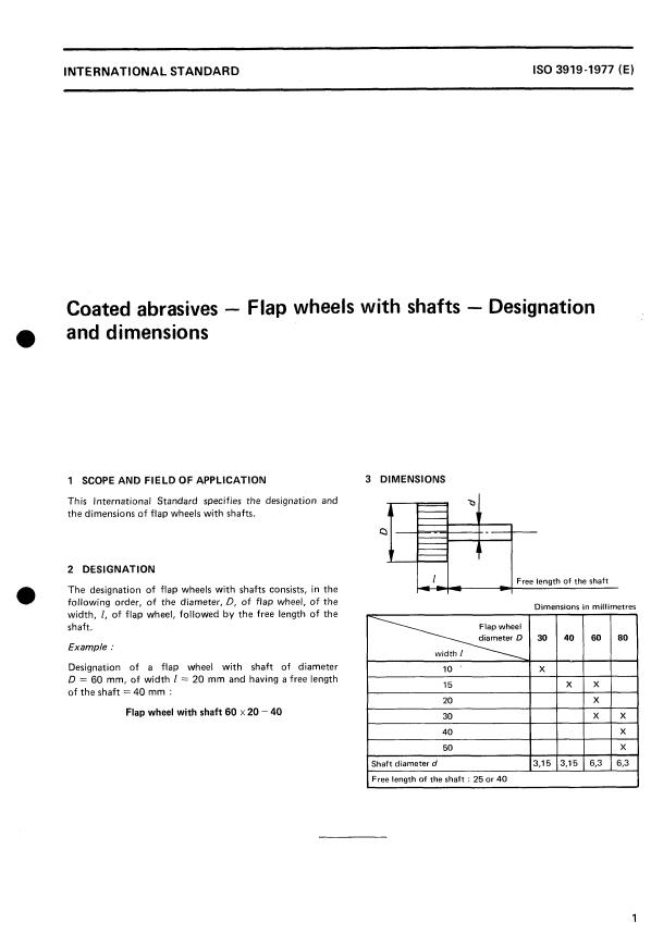 ISO 3919:1977 - Coated abrasives -- Flap wheels with shafts -- Designation and dimensions