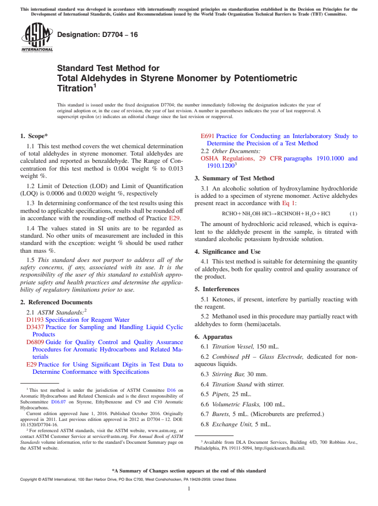 ASTM D7704-16 - Standard Test Method for Total Aldehydes in Styrene Monomer by Potentiometric Titration