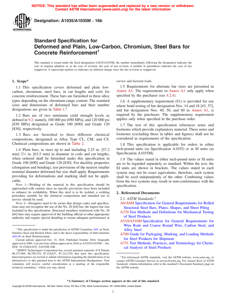 ASTM A1035/A1035M-16b - Standard Specification for  Deformed and Plain, Low-Carbon, Chromium, Steel Bars for Concrete  Reinforcement