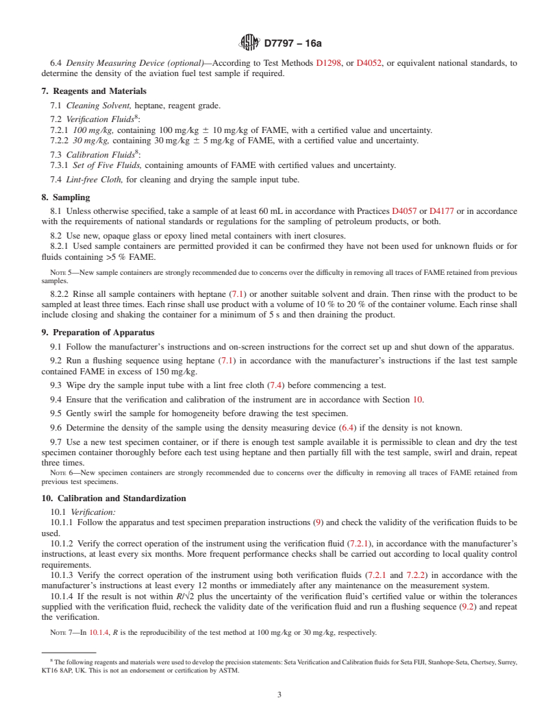 REDLINE ASTM D7797-16a - Standard Test Method for Determination of the Fatty Acid Methyl Esters Content of Aviation  Turbine Fuel Using Flow Analysis by Fourier Transform Infrared Spectroscopy&#x2014;Rapid  Screening Method