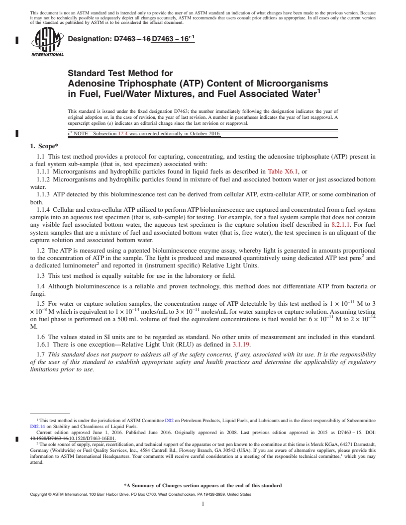 REDLINE ASTM D7463-16e1 - Standard Test Method for  Adenosine Triphosphate (ATP) Content of Microorganisms in Fuel,  Fuel/Water Mixtures, and Fuel Associated Water