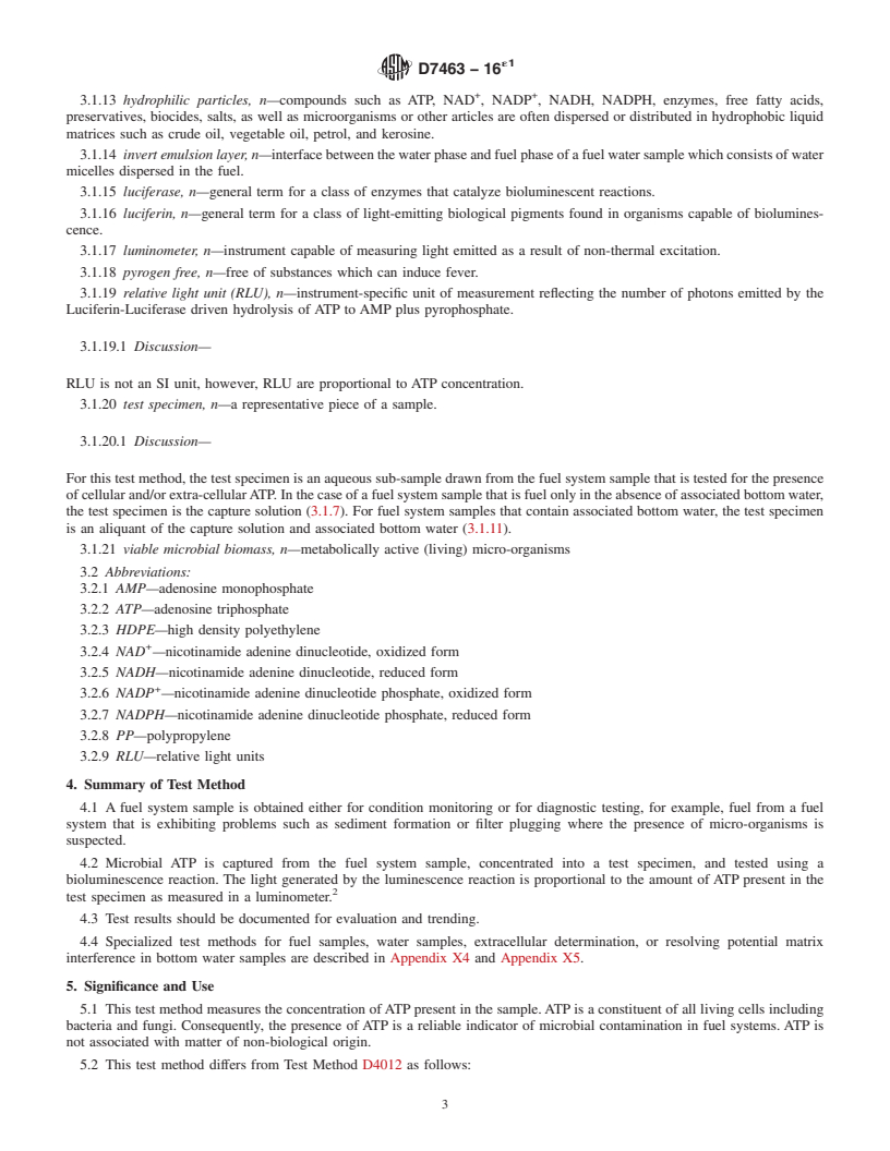 REDLINE ASTM D7463-16e1 - Standard Test Method for  Adenosine Triphosphate (ATP) Content of Microorganisms in Fuel,  Fuel/Water Mixtures, and Fuel Associated Water