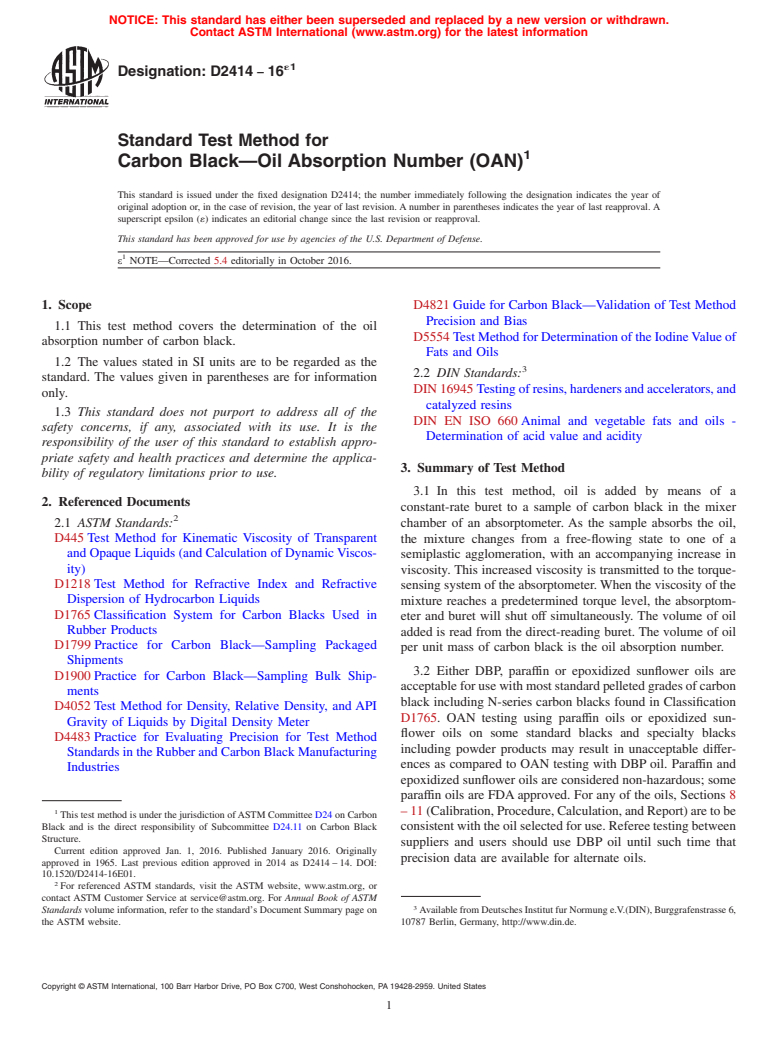 ASTM D2414-16e1 - Standard Test Method for Carbon Black&#x2014;Oil Absorption Number (OAN)