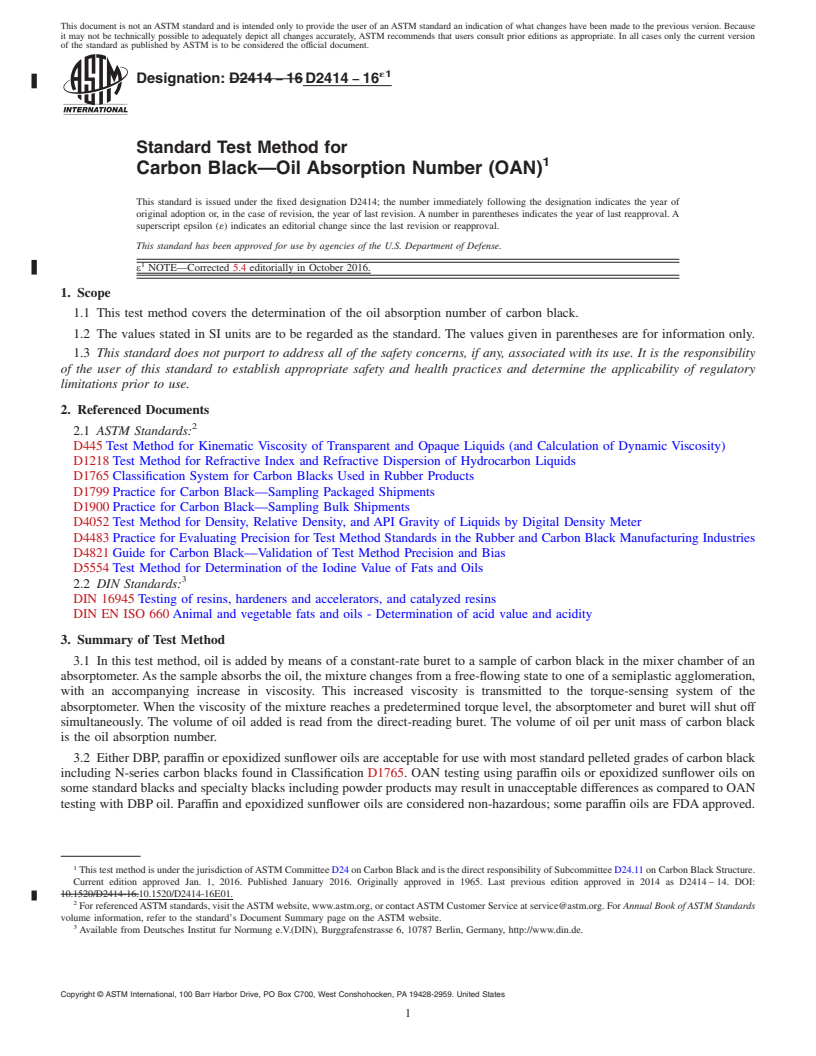 REDLINE ASTM D2414-16e1 - Standard Test Method for Carbon Black&#x2014;Oil Absorption Number (OAN)