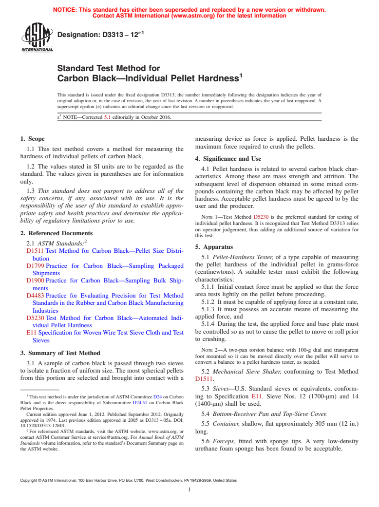 ASTM D3313-12e1 - Standard Test Method for  Carbon Black&#x2014;Individual Pellet Hardness (Withdrawn 2017)