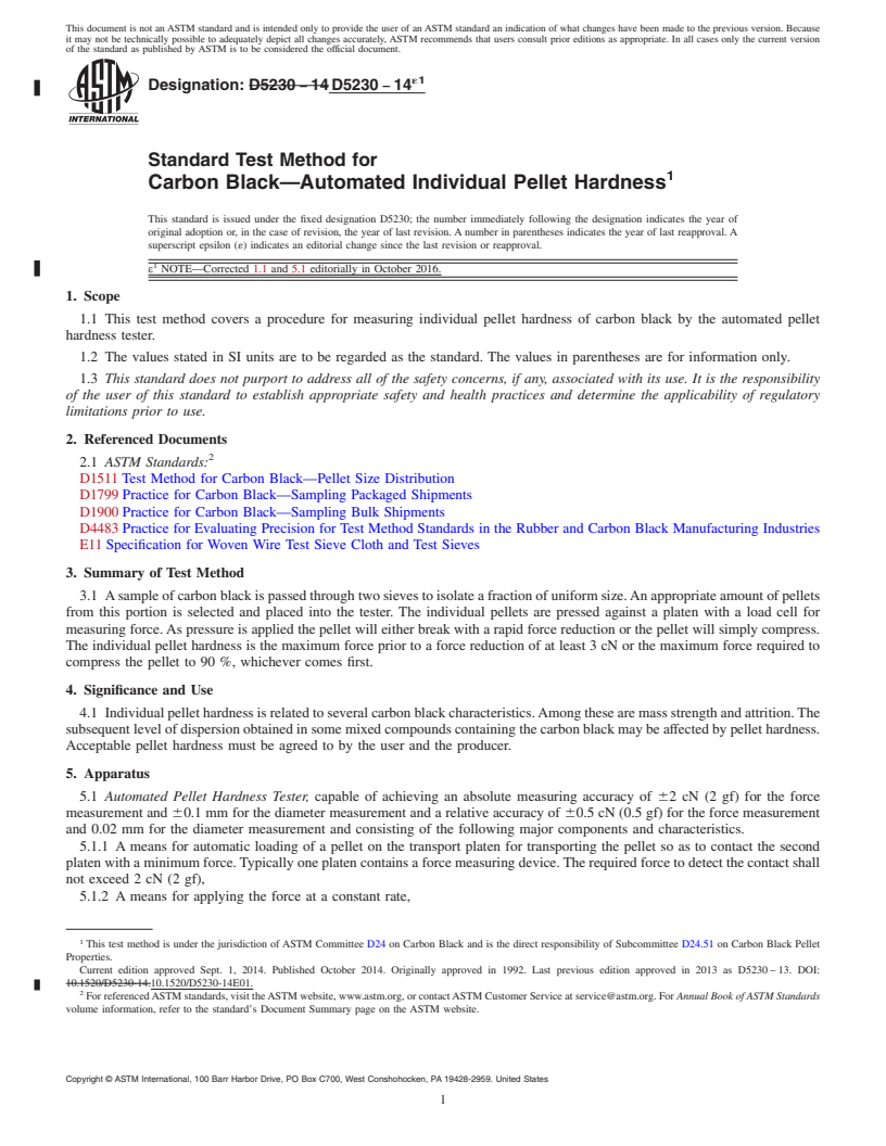 REDLINE ASTM D5230-14e1 - Standard Test Method for  Carbon Black&#x2014;Automated Individual Pellet Hardness