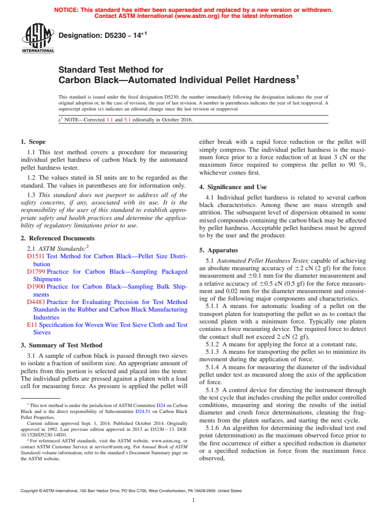 ASTM D5230-14e1 - Standard Test Method for  Carbon Black&#x2014;Automated Individual Pellet Hardness