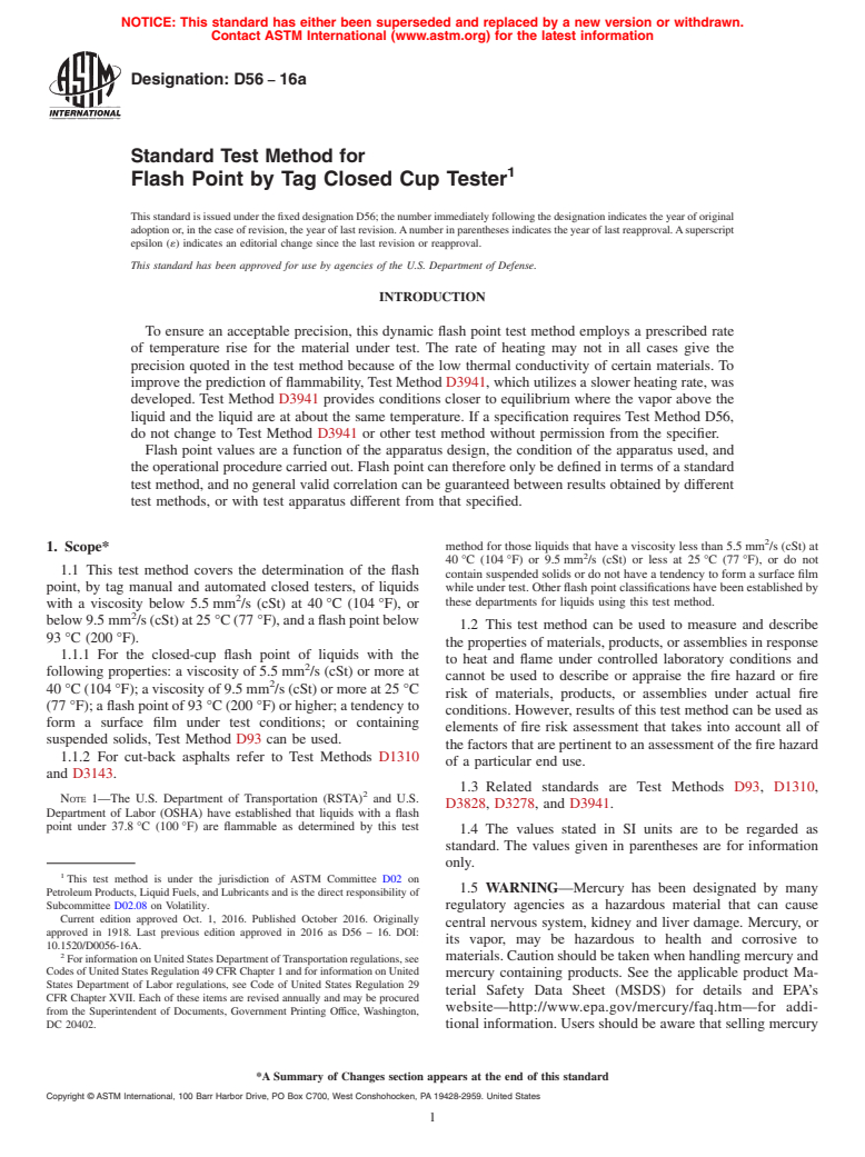 ASTM D56-16a - Standard Test Method for  Flash Point by Tag Closed Cup Tester