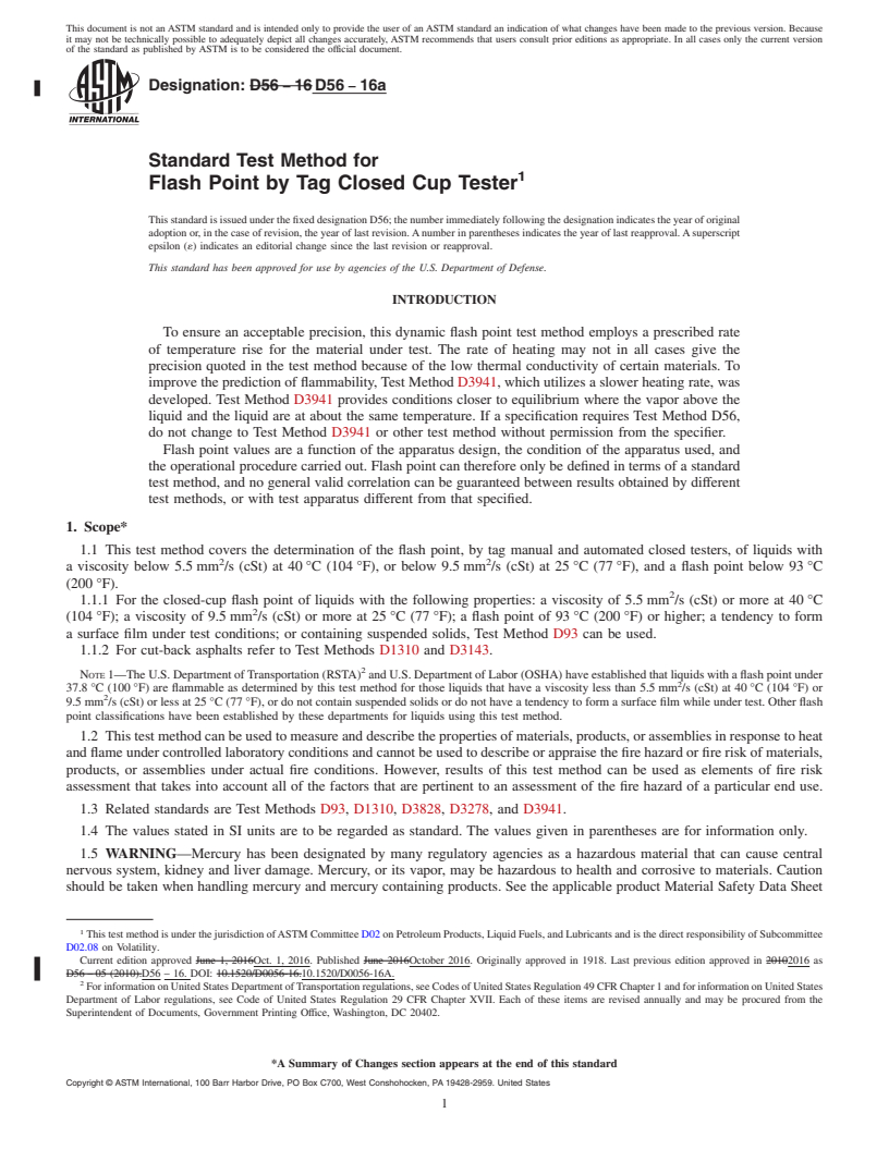 REDLINE ASTM D56-16a - Standard Test Method for  Flash Point by Tag Closed Cup Tester