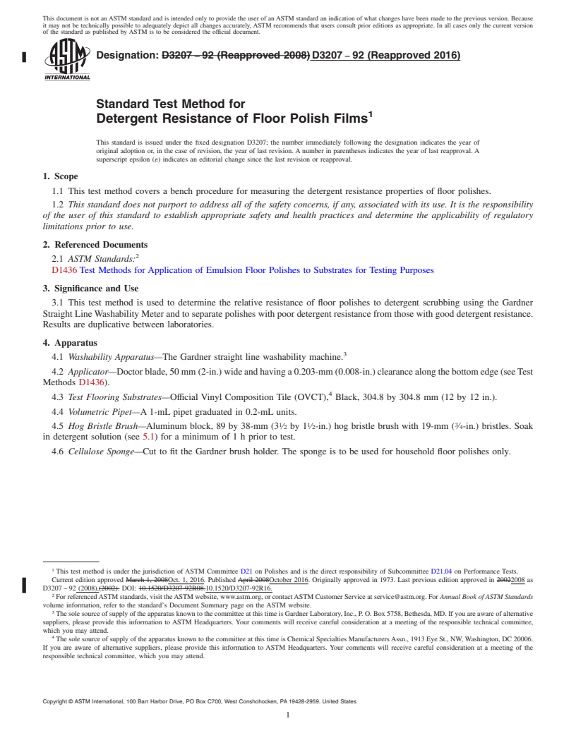 REDLINE ASTM D3207-92(2016) - Standard Test Method for  Detergent Resistance of Floor Polish Films