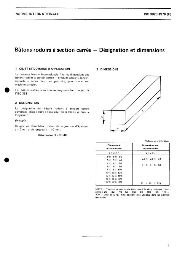 ISO 3920:1976 - Bâtons rodoirs a section carrée -- Désignation et dimensions