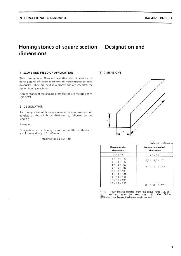 ISO 3920:1976 - Honing stones of square section -- Designation and dimensions