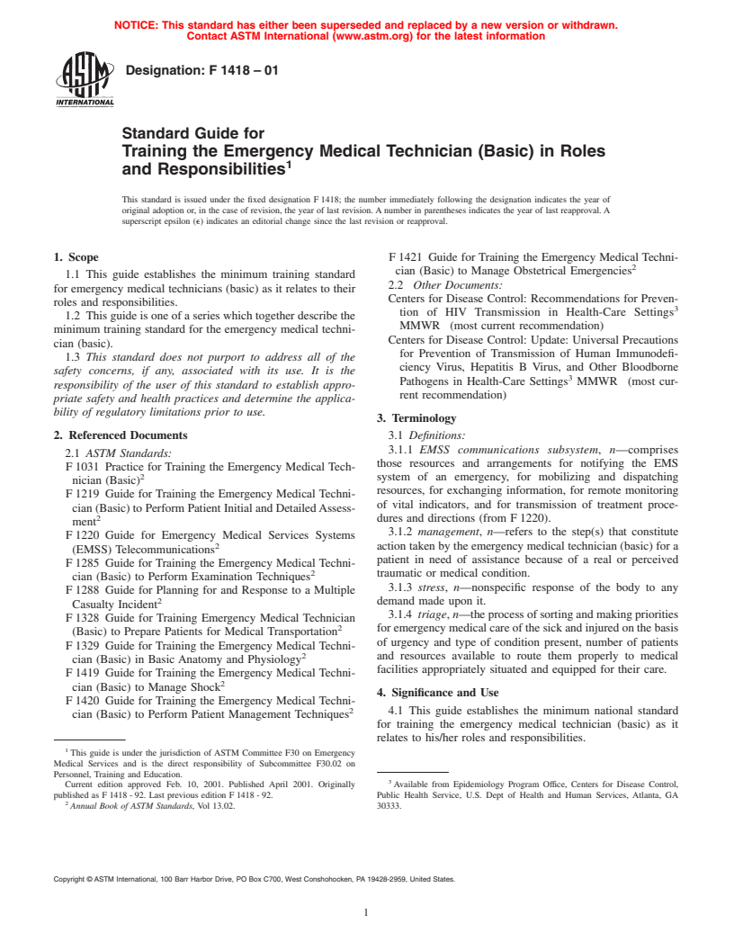 ASTM F1418-01 - Standard Guide for Training the Emergency Medical Technician (Basic) in Roles and Responsibilities (Withdrawn 2007)