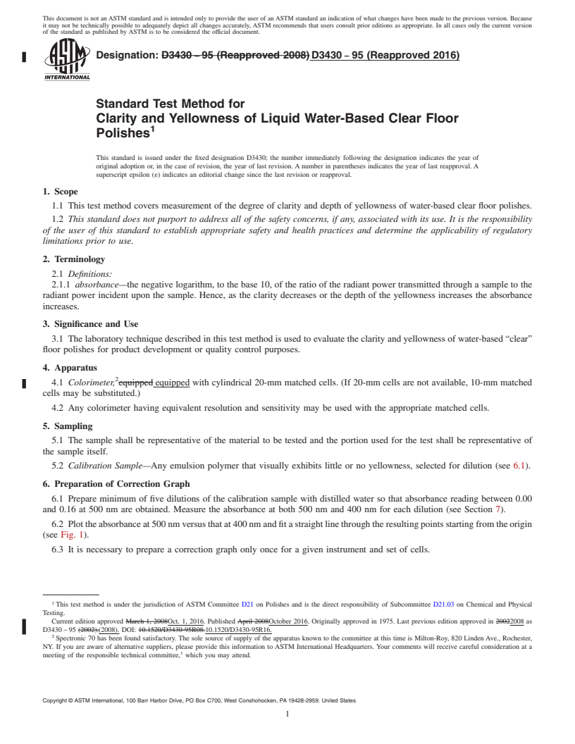 REDLINE ASTM D3430-95(2016) - Standard Test Method for  Clarity and Yellowness of Liquid Water-Based Clear Floor Polishes