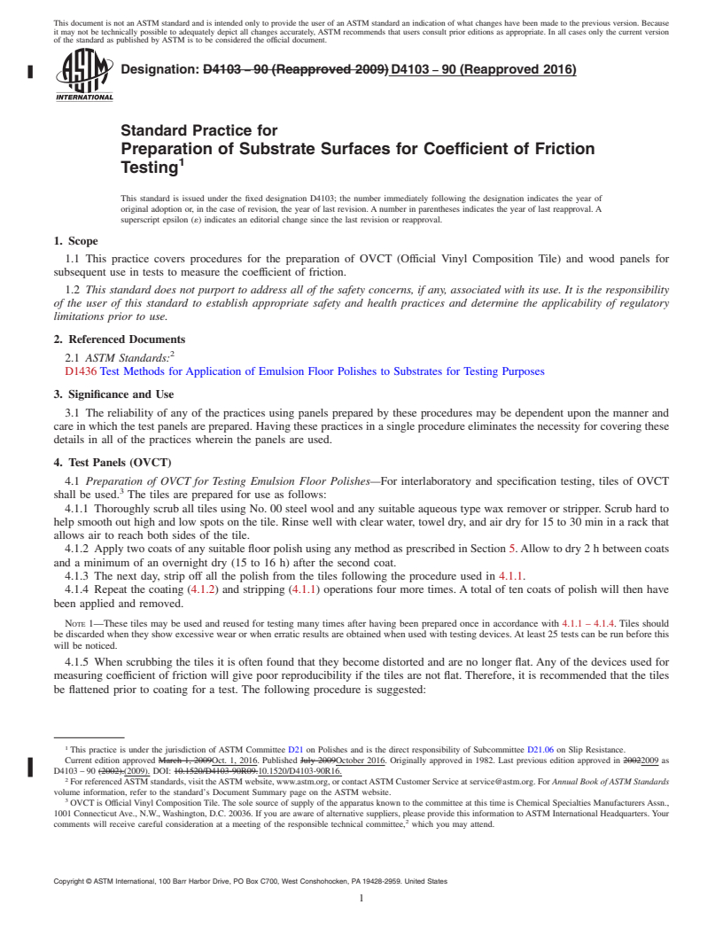 REDLINE ASTM D4103-90(2016) - Standard Practice for  Preparation of Substrate Surfaces for Coefficient of Friction  Testing