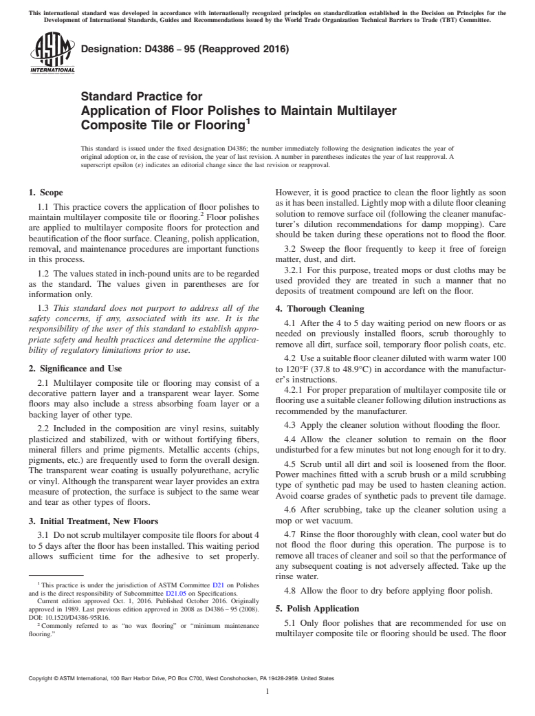 ASTM D4386-95(2016) - Standard Practice for  Application of Floor Polishes to Maintain Multilayer Composite  Tile or Flooring