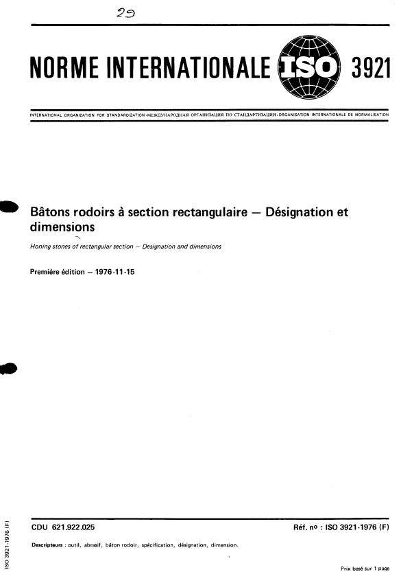 ISO 3921:1976 - Bâtons rodoirs a section rectangulaire -- Désignation et dimensions