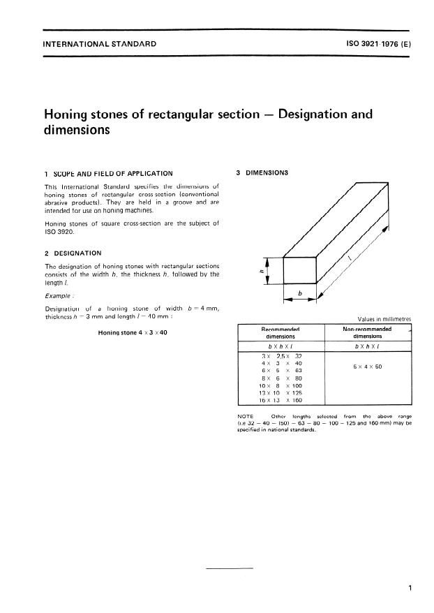 ISO 3921:1976 - Honing stones of rectangular section -- Designation and dimensions
