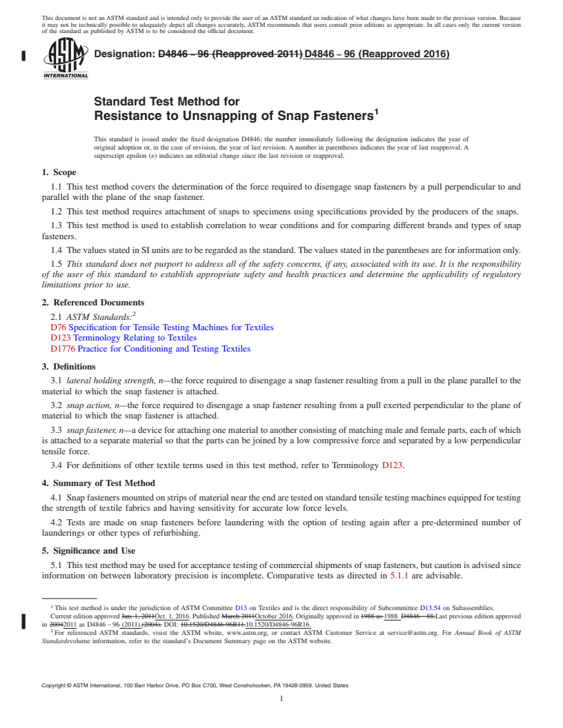 REDLINE ASTM D4846-96(2016) - Standard Test Method for  Resistance to Unsnapping of Snap Fasteners