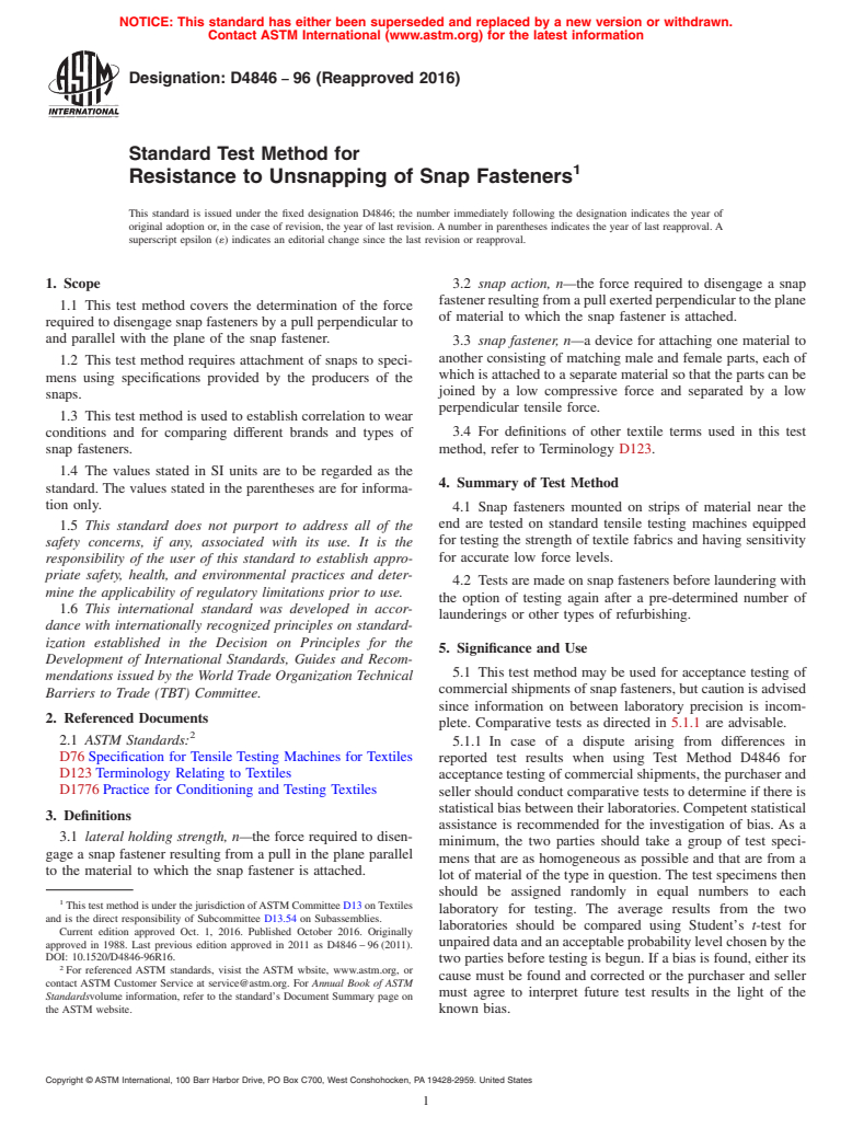 ASTM D4846-96(2016) - Standard Test Method for  Resistance to Unsnapping of Snap Fasteners